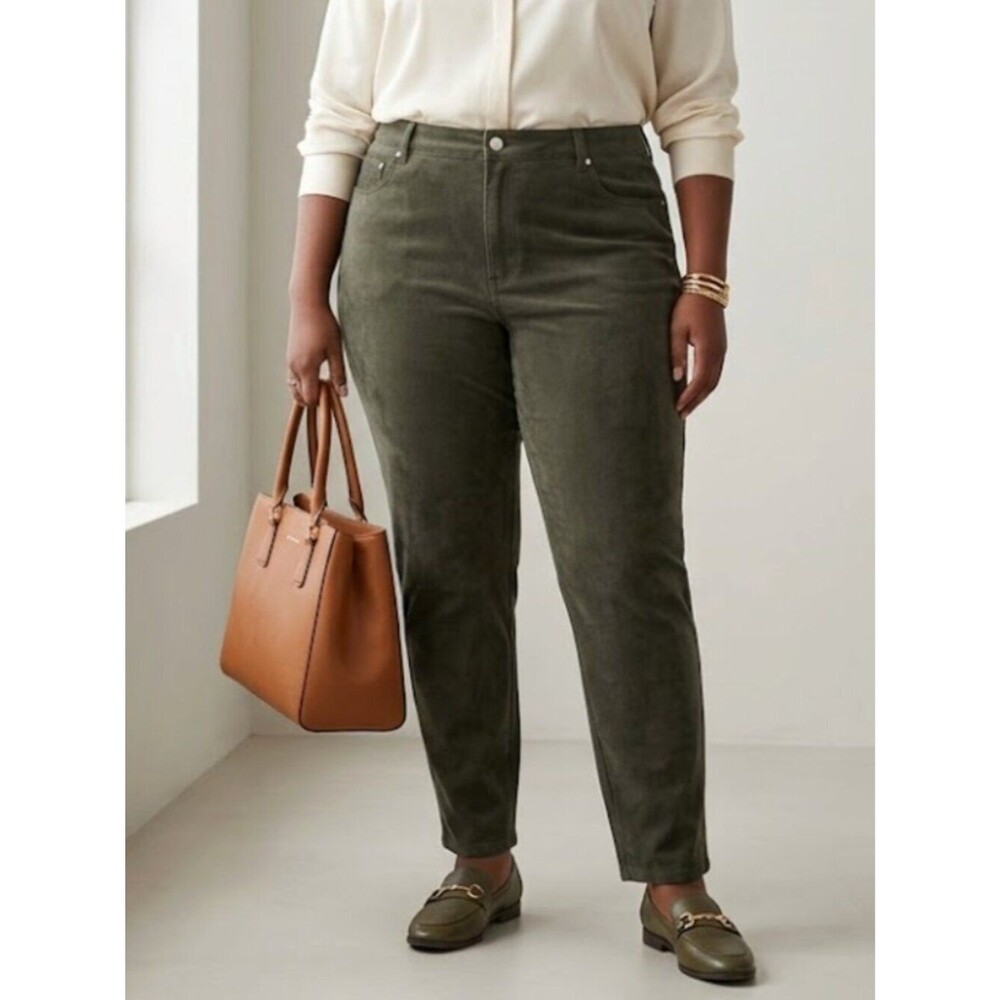 NWT Denim & Co Faux Suede Moleskin Dark Olive Pants Womens Size 24